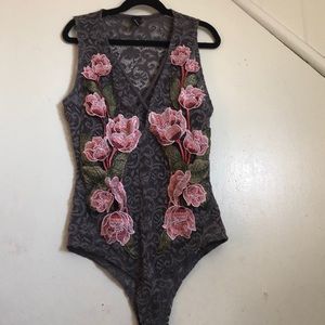 Windsor- Grey Floral Appliqué Lace Body Suit